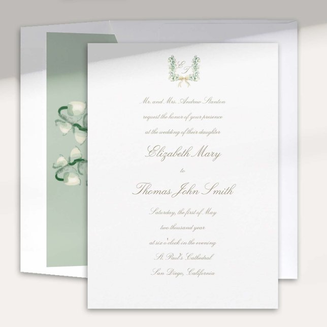 Convites Casamento Formal Dourado Formal de Lily Valley Fau (lily valley formal classic wedding invitation watercolor arch crest monograms calligraphy green bow)