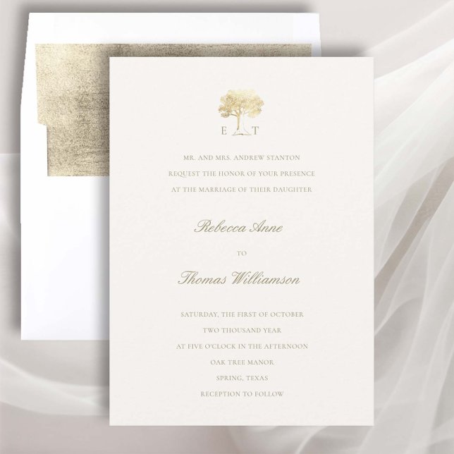 Convites Casamento Formal Dourado Formal Mighty Oak Faux (golden oak tree wedding invitation fall autumn mountain rustic formal traditional elegant classic)