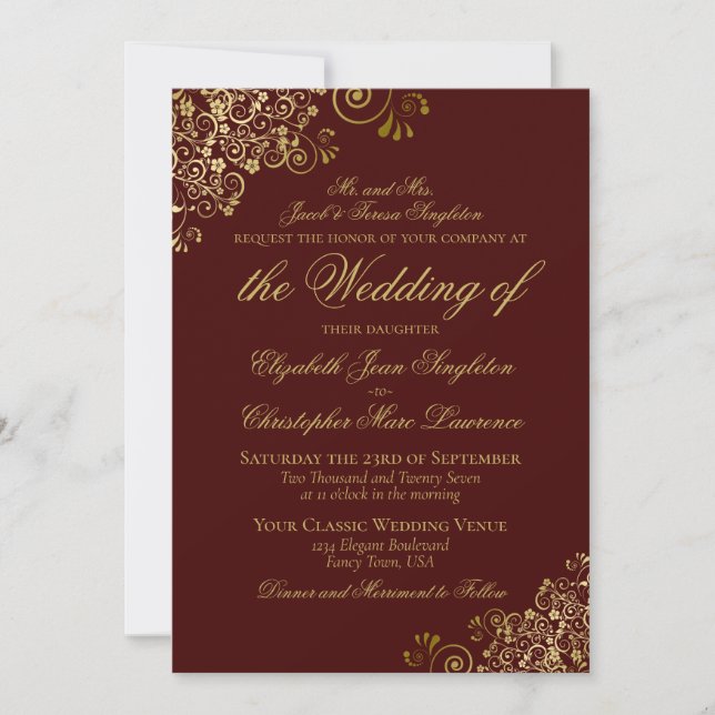 Convites Casamento Formal Elegante Auburn Brown e Dourado C (Frente)