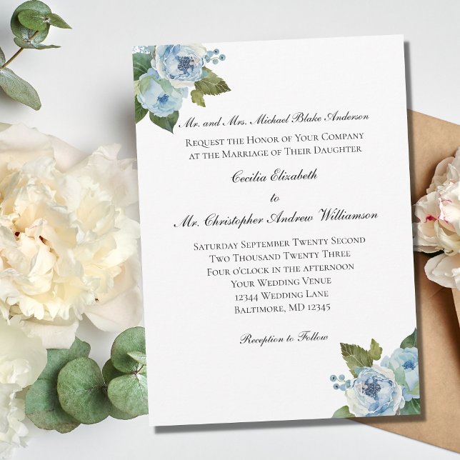 Convites Casamento Formal Elegante Azul Floral Greenery (Criador carregado)