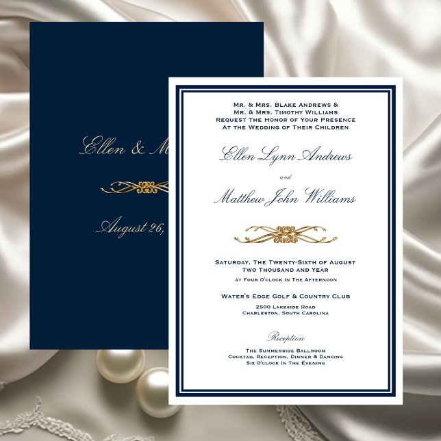 Convites Casamento Formal Elegante Azul Marinho e Dourado (Navy and Gold Elegant Minimalist Wedding Invitation)