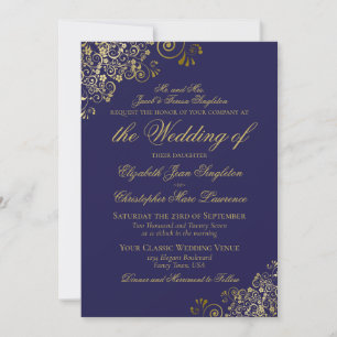 Convites Casamento Formal Elegante Azul Meia-Noite e Dourad