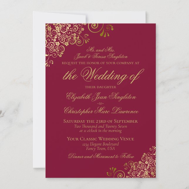 Convites Casamento Formal Elegante Burgundy & Dourado (Frente)