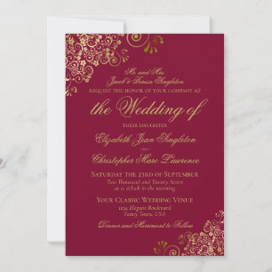 Convites Casamento Formal Elegante Burgundy & Dourado
