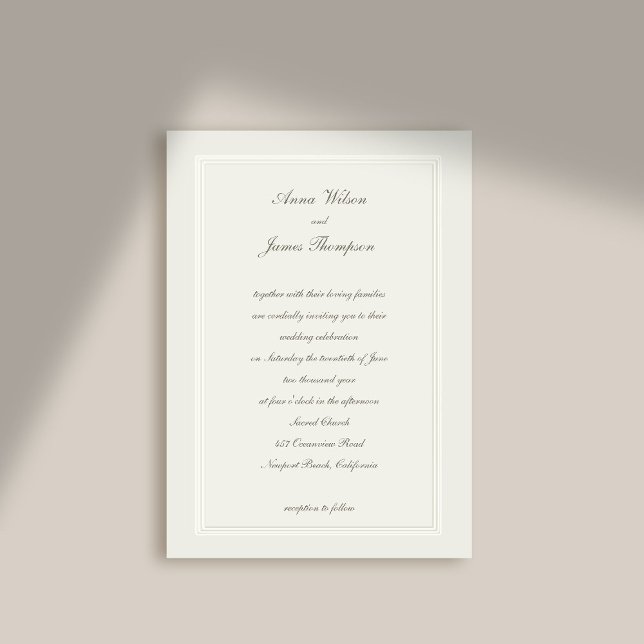 Convites Casamento Formal Elegante Clássico Moderno Ecru (formal wedding invitation modern classic ecru double frame faux embossed calligraphy elegant stately)