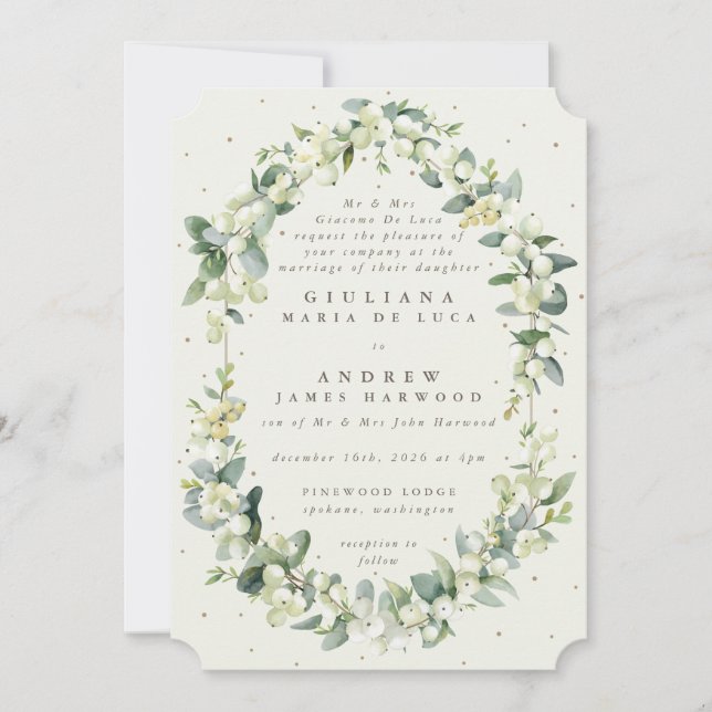 Convites Casamento Formal Elegante Cream Snowberry+Eucalypt (Frente)