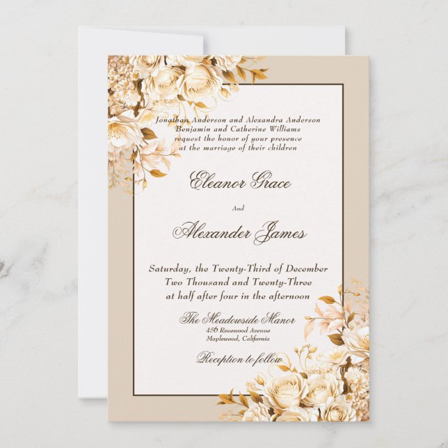 Convites Casamento Formal Elegante Dourado e Ivory Floral (Frente)