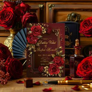 Convites Casamento Formal Elegante Escuro Burgundy e Dourad