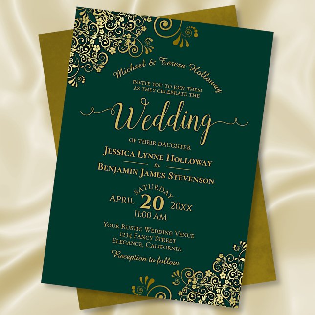 Convites Casamento Formal Elegante Esmeralda Verde e Dourad (Criador carregado)