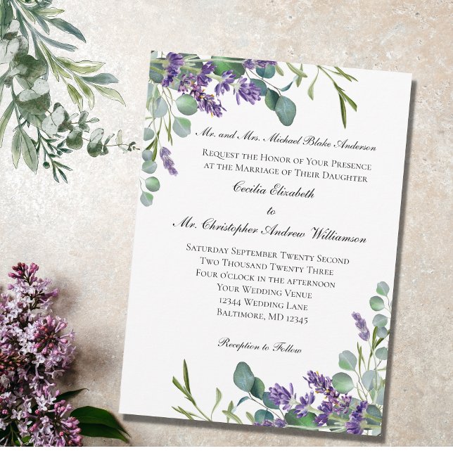 Convites Casamento Formal Elegante Eucalyptus lavanda (Criador carregado)
