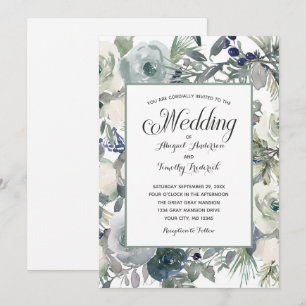Convites Casamento Formal Elegante Floral Azul Verde Branco