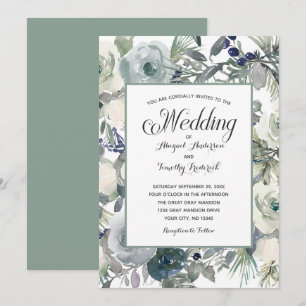 Convites Casamento Formal Elegante Floral Azul Verde Branco