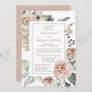 Convites Casamento Formal Elegante Floral Dusty Pink