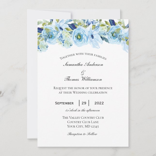 Convites Casamento Formal Elegante Floral Verde Azul (Frente)