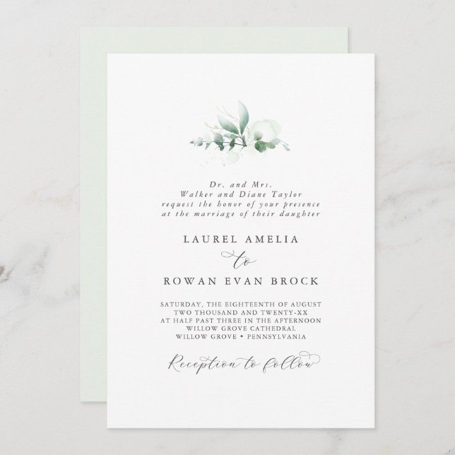 Convites Casamento Formal Elegante Greenery (Frente/Verso)