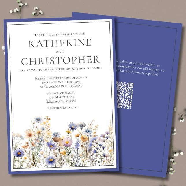 Convites Casamento Formal Elegante Moderno de Flores Selvag (Blue Wildflowers Elegant Formal Wedding Invitation with QR Code.)