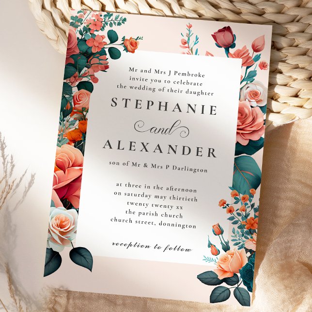 Convites Casamento Formal Elegante Peach & Teal Floral (Criador carregado)