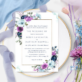 Convites Casamento Formal Elegante Roxo e Azul Floral