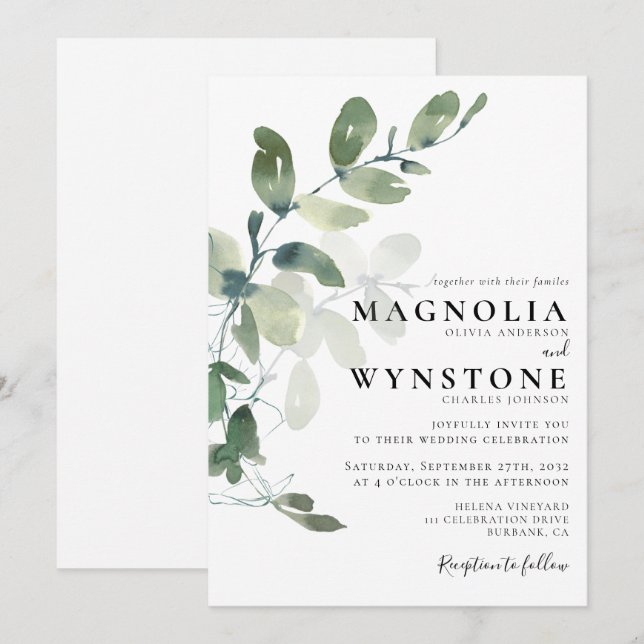 Convites Casamento Formal Eucalyptus Greenery (Frente/Verso)