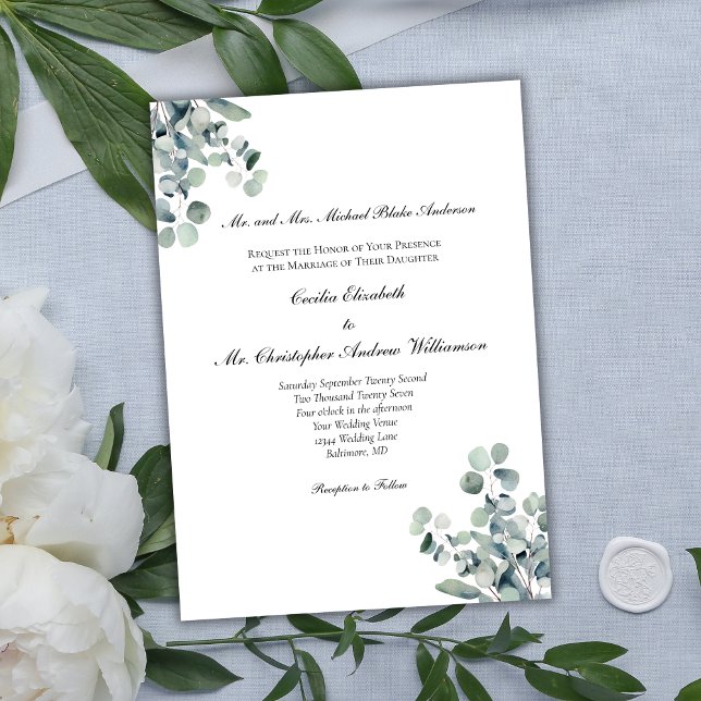Convites Casamento Formal Eucalyptus Greenery Elegante (Eucalyptus Greenery Botanical Formal Traditional Wording Wedding Invitation)