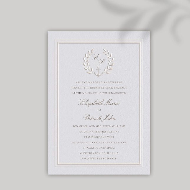 Convites Casamento Formal Faux Embossed Anchor Wreath Class (nautical wedding invitation modern classic formal traditional faux embossed anchor crest monograms)