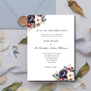 Convites Casamento Formal Floral Azul Marinho Borgonha Crem