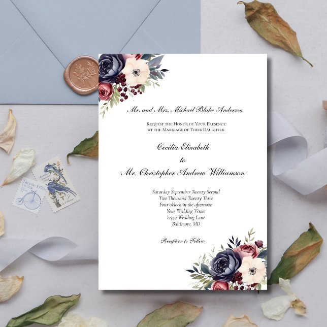 Convites Casamento Formal Floral Azul Marinho Borgonha Crem (Burgundy Navy Blue Cream Watercolor Floral Formal Traditional Classic Wedding Invitation)