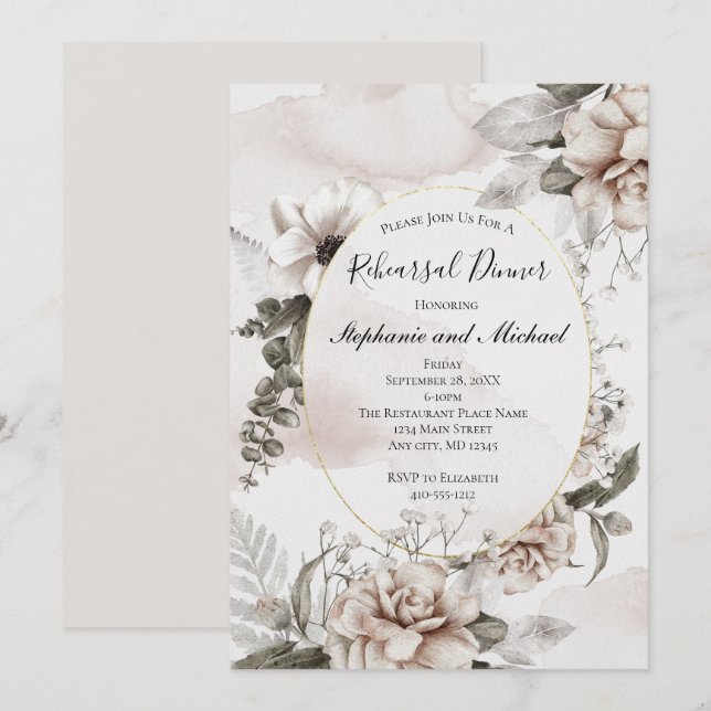 Convites Casamento Formal Floral Botânico Cinza Rosa Elegan (Frente/Verso)
