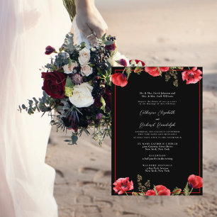 Convites Casamento Formal Floral Vermelho Preto