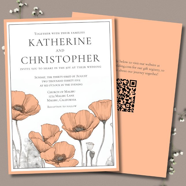 Convites Casamento Formal Formal Moderno Elegante (Peach Poppies Formal Elegant Floral Wedding Invitations with California Poppies and website QR Code.)