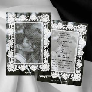 Convites Casamento Formal Foto Quadro de Renda Atemporal
