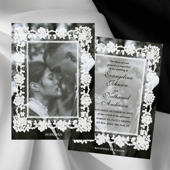Convites Casamento Formal Foto Quadro de Renda Atemporal (Criador carregado)