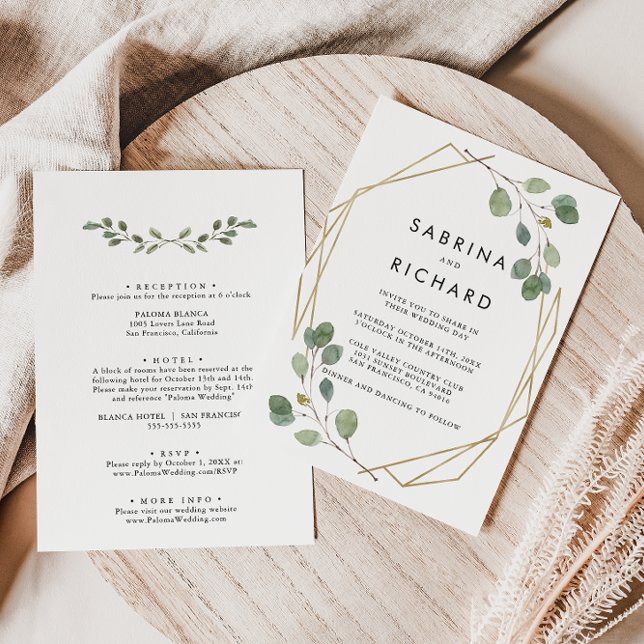 Convites Casamento Formal Geométrico Dourado Verde para Trá (Criador carregado)