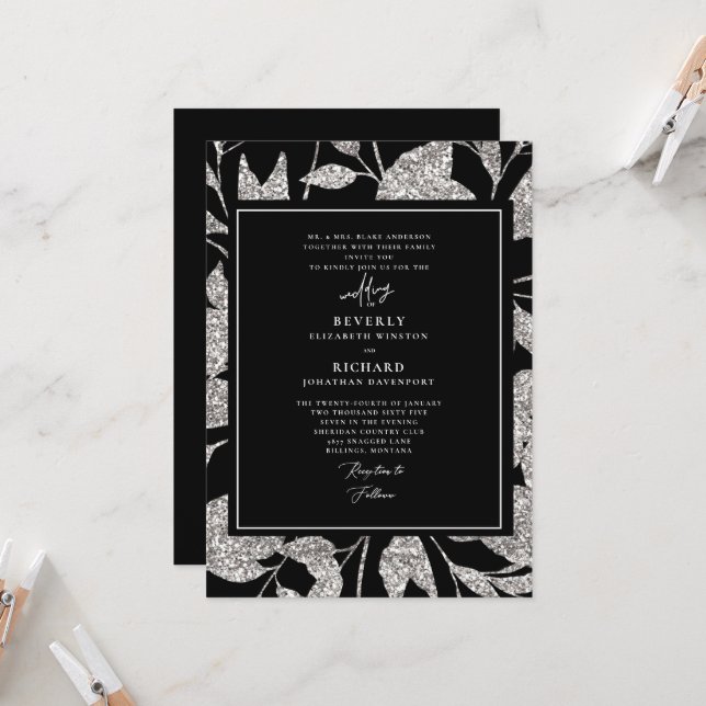 Convites Casamento Formal Glamouroso Preto e Prata (Frente/Verso In Situ)