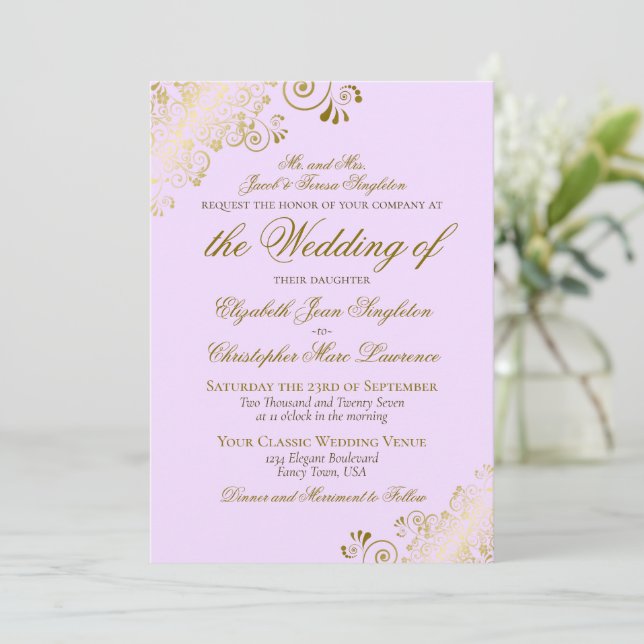 Convites Casamento Formal Lilac Purple e Clássico Dourado (Em pé/Frente)