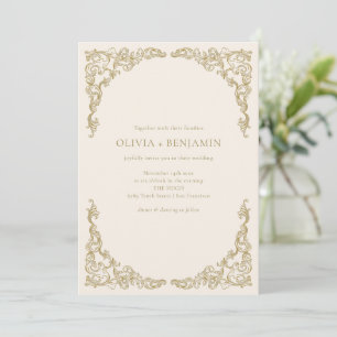 Convites Casamento Formal Marfim com Trabalho em Ouro Adorn