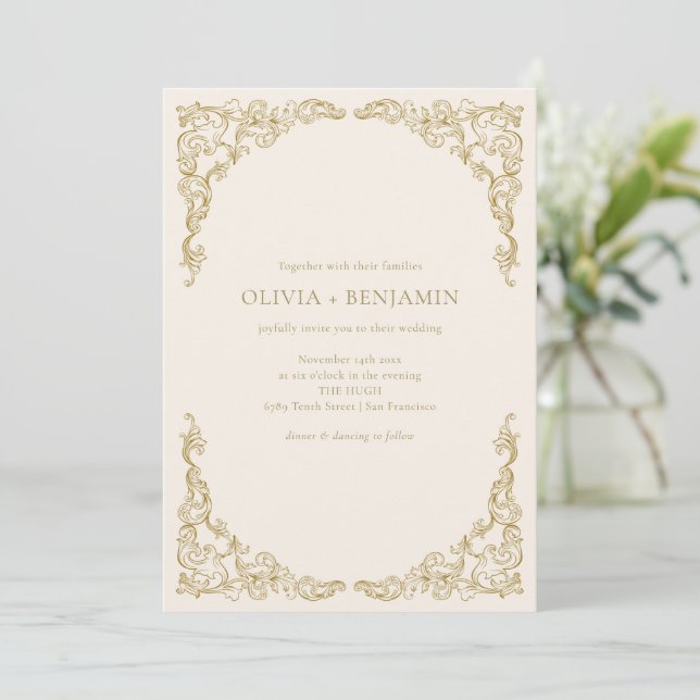 Convites Casamento Formal Marfim com Trabalho em Ouro Adorn (Em pé/Frente)
