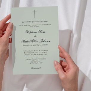 Convites Casamento Formal Minimalista com Cruz Verde Sage