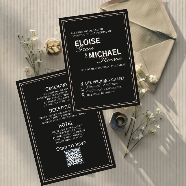 Convites Casamento Formal Minimalista Gravata Preta (Minimalist Black Tie Formal Wedding Invitation)
