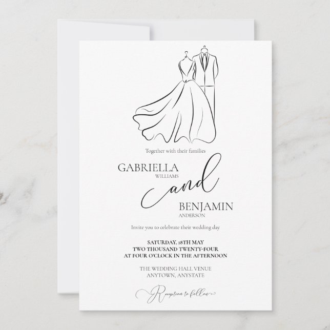 Convites Casamento Formal Minimalista Preto Branco Script (Frente)