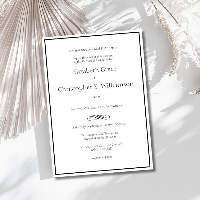 Convites Casamento Formal Mínimo Moderno da Fronteira Branc (Black border minimalist traditional classic formal, both parents elegant wedding invitation)