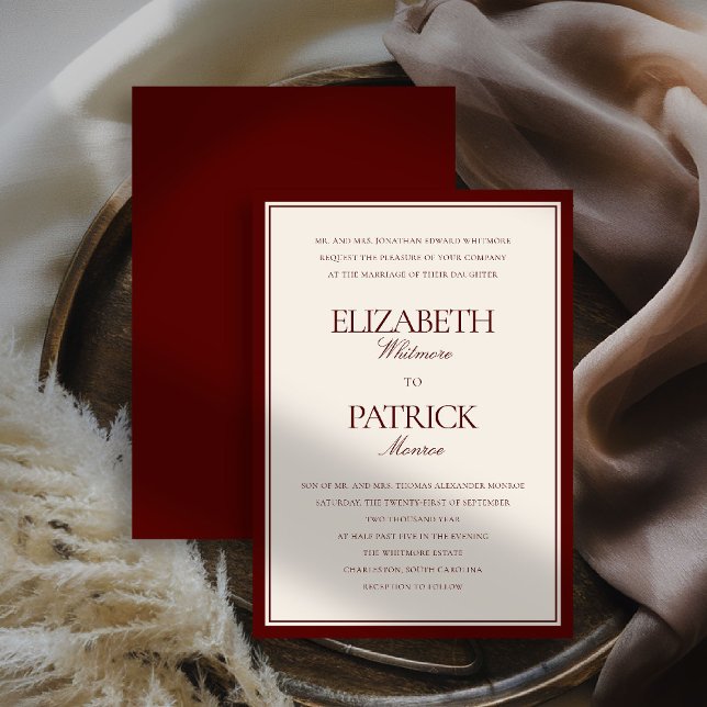 Convites Casamento Formal Moderno Clássico com Profundo Bur (deep burgundy wedding invitation quiet luxury old money double frame formal modern classic parents)