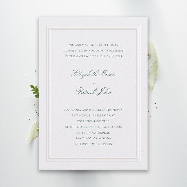 Convites Casamento Formal Moderno Clássico Elegante Pérola  (modern classic wedding invitation forest green type double frame pearl formal traditional stately)