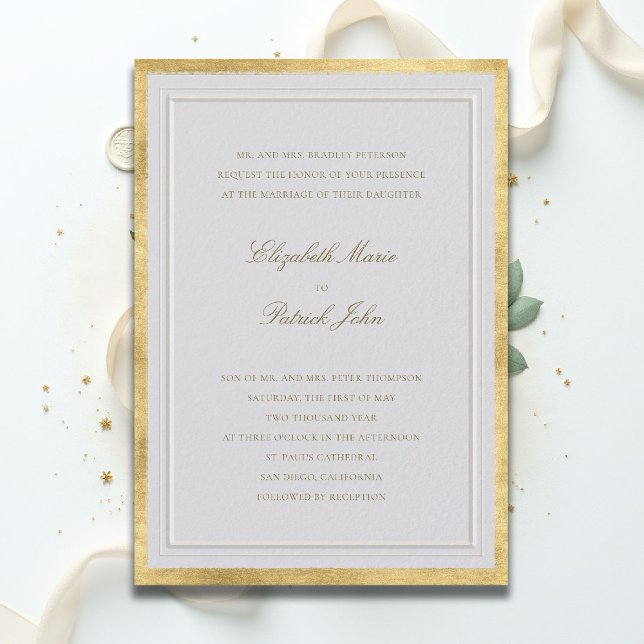 Convites Casamento Formal Moderno Clássico Elevado Dourado  (formal traditional wedding invitation modern classic double frame gold ballroom black tie ivory)