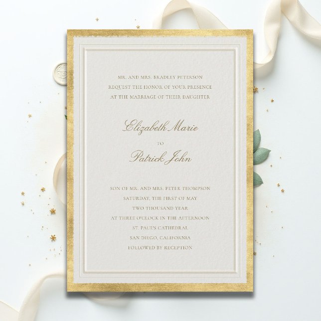 Convites Casamento Formal Moderno Clássico Elevado Dourado  (formal traditional wedding invitation modern classic double frame gold ballroom black tie ecru)