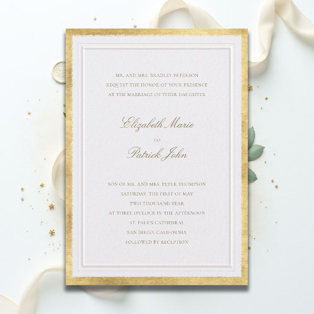 Convites Casamento Formal Moderno Clássico Elevado Pérola D (formal traditional wedding invitation modern classic double frame gold pearl white ballroom tux)
