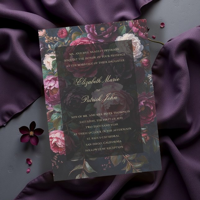 Convites Casamento Formal Moderno Clássico Romântico Sombri (burgundy wedding invitation moody dark painterly frame parents host elegant modern classic romantic)