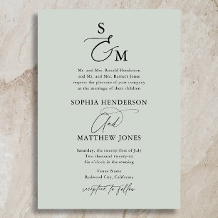Convites Casamento Formal Monograma de Caligrafia Verde Sal
