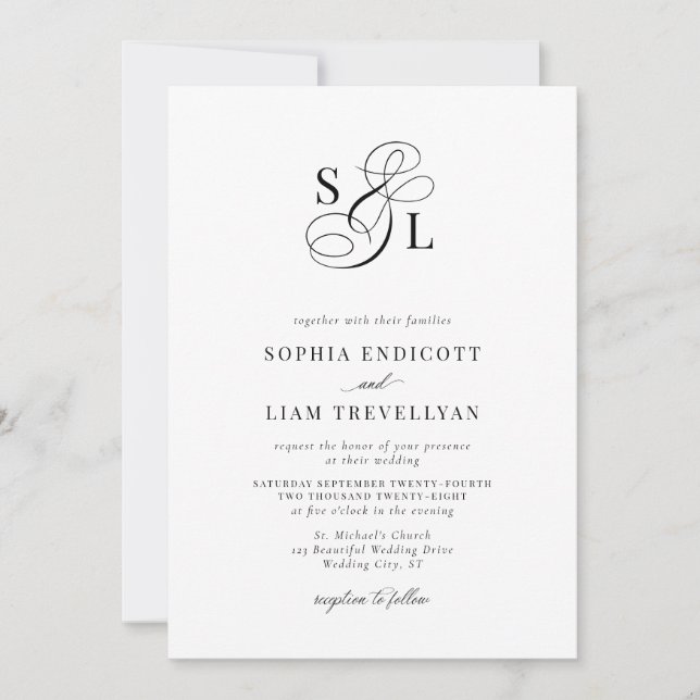 Convites Casamento Formal Monograma de Letra Elegante (Frente)