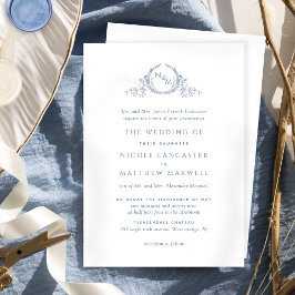 Convites Casamento Formal Monograma Dusty Blue Watercolor